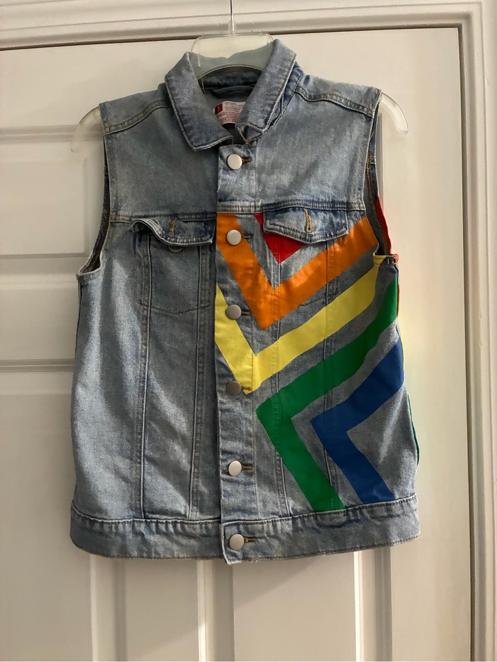 Rainbow Chevron Denim Vest - Multicolor, Size Small